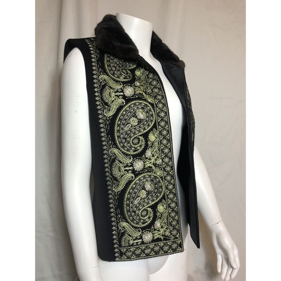 LINDA ALLARD ELLEN TRACY Wool Vest Embroidered Black Faux Fur Collar Small - Picture 4 of 13